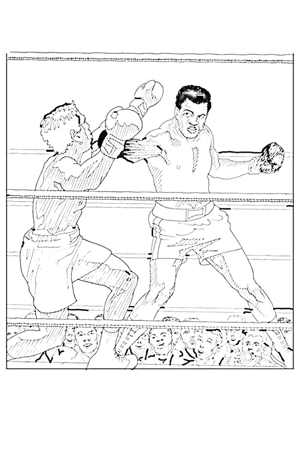 На раскраске изображено: Бокс, Ринг, Боксерские перчатки, Поединок, Спорт, Зрители, Бой, Боксер, Соревнования
