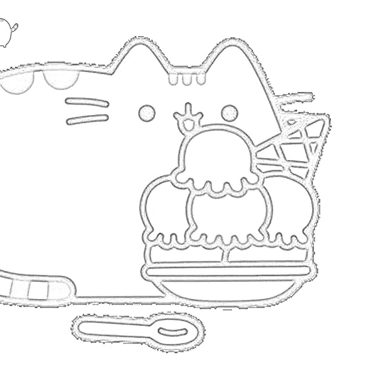 На раскраске изображено: Кот, Мороженое, Ложка, Сладости, Для детей, Десерты, Кот Леопольд