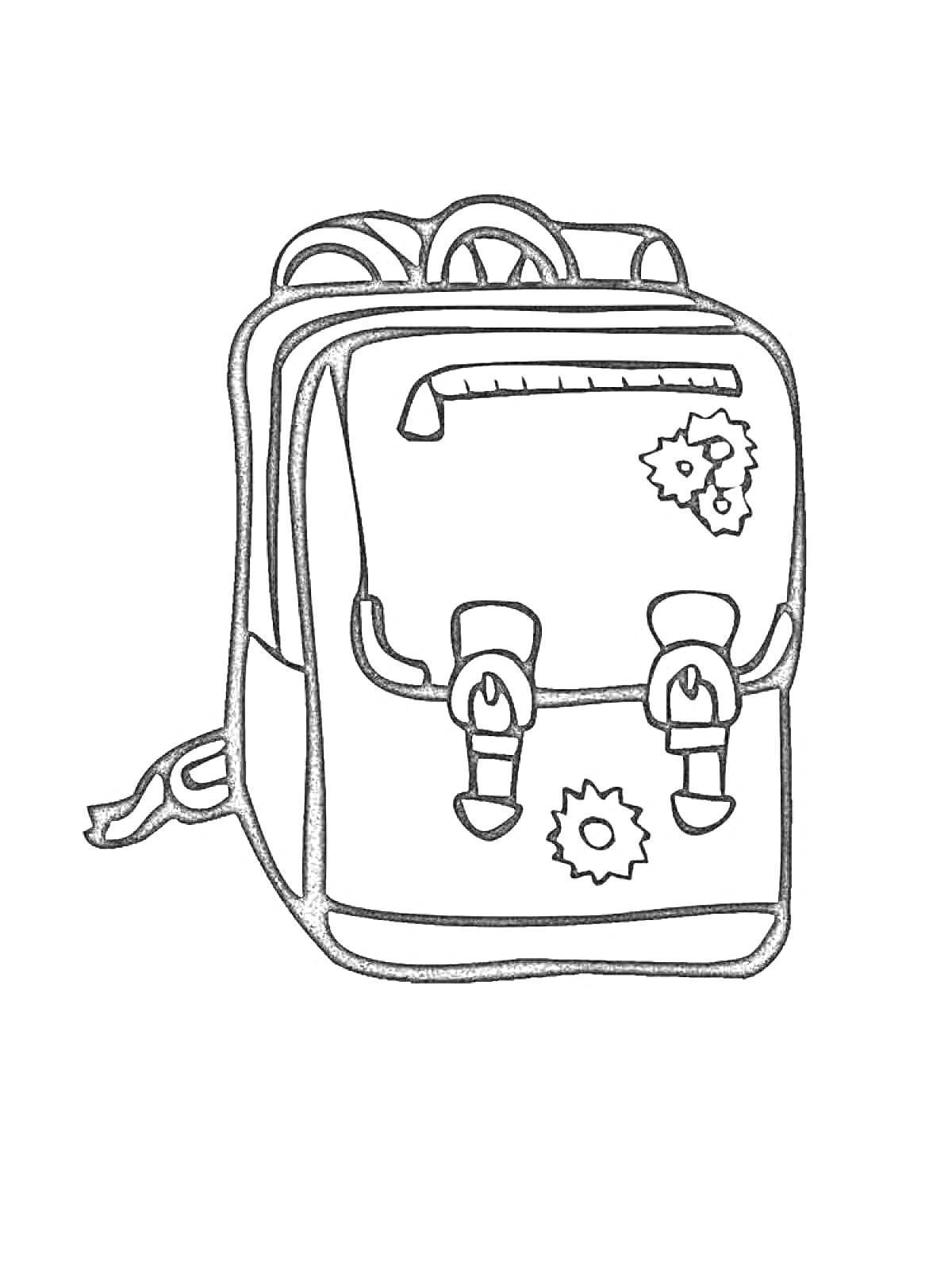 Раскраска Портфель с карманом, ремешками, пряжками и цветочными наклейками