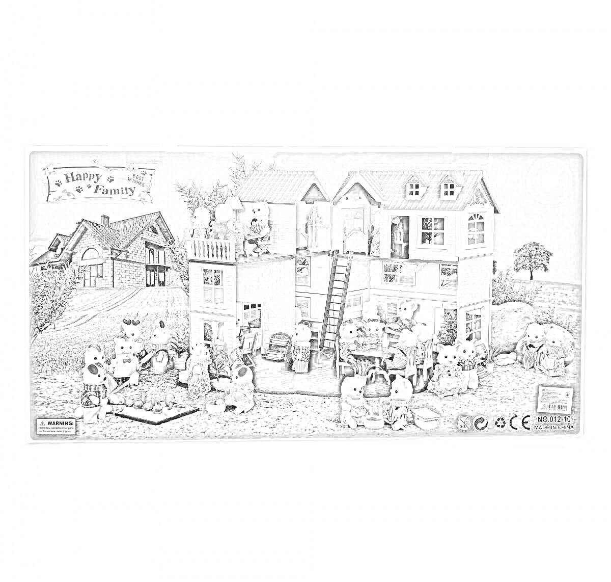Раскраска Дома с персонажами, множеством деталей и фоновой деревней