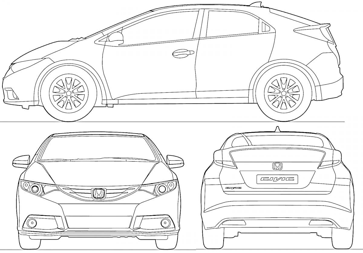 Раскраска Вид сбоку, спереди и сзади автомобиля Honda Civic