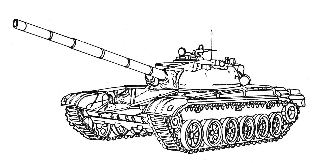 Раскраска Танк с длинным орудием, гусеницами и бронированной башней