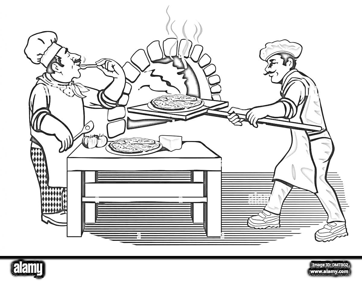 Раскраска Два кондитера пекут пиццу, один пробует блюдо, второй кладет пиццу в печь, стол с блоком сыра