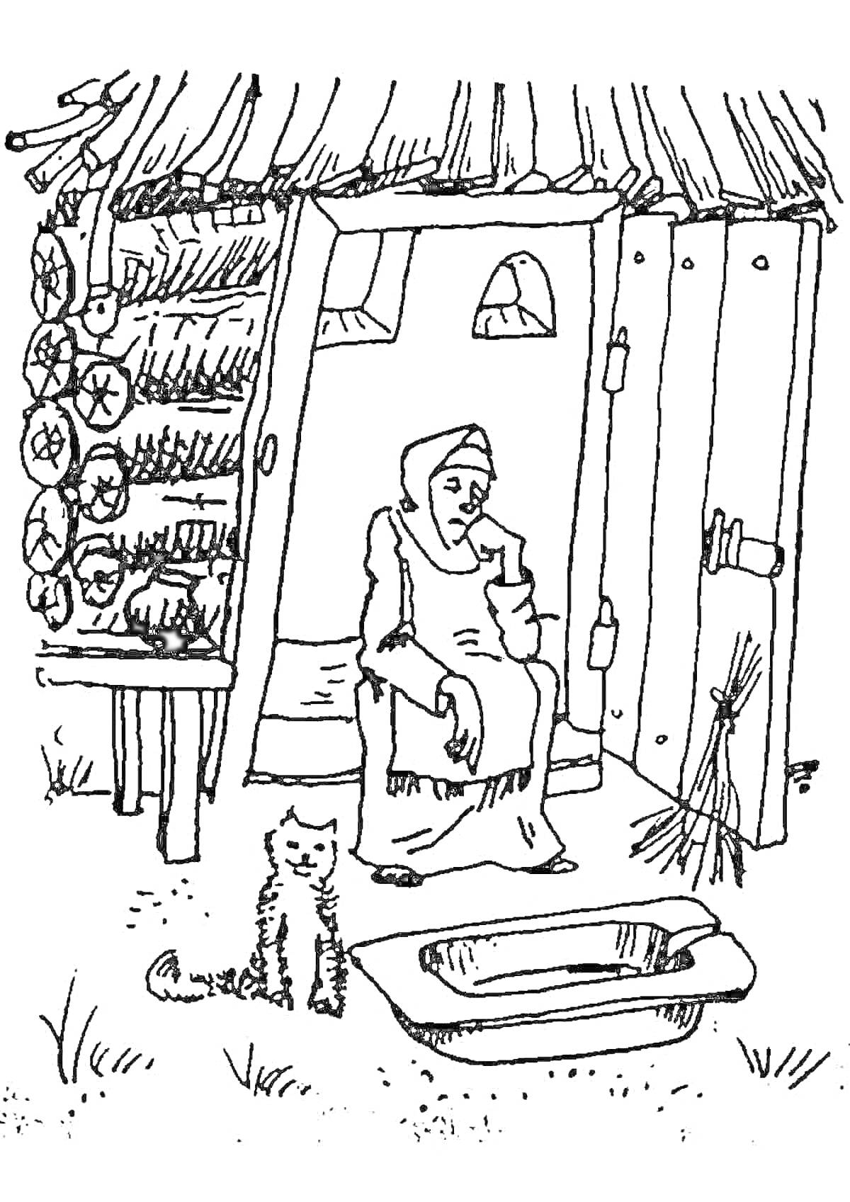 Раскраска Избушка с бабкой, корыто и кот у порога