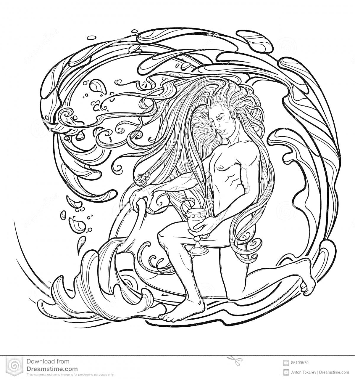 На раскраске изображено: Водолей, Знак зодиака, Вода, Кувшин, Длинные волосы, Человек, Брызги, Волны