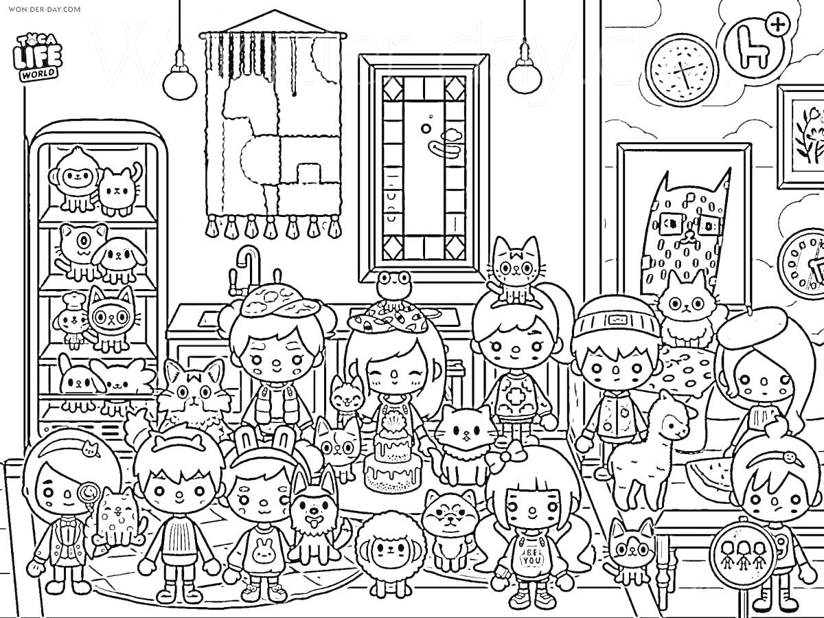 Раскраска Сцена с персонажами и животными в комнате с игрушками, картинами и шкафом