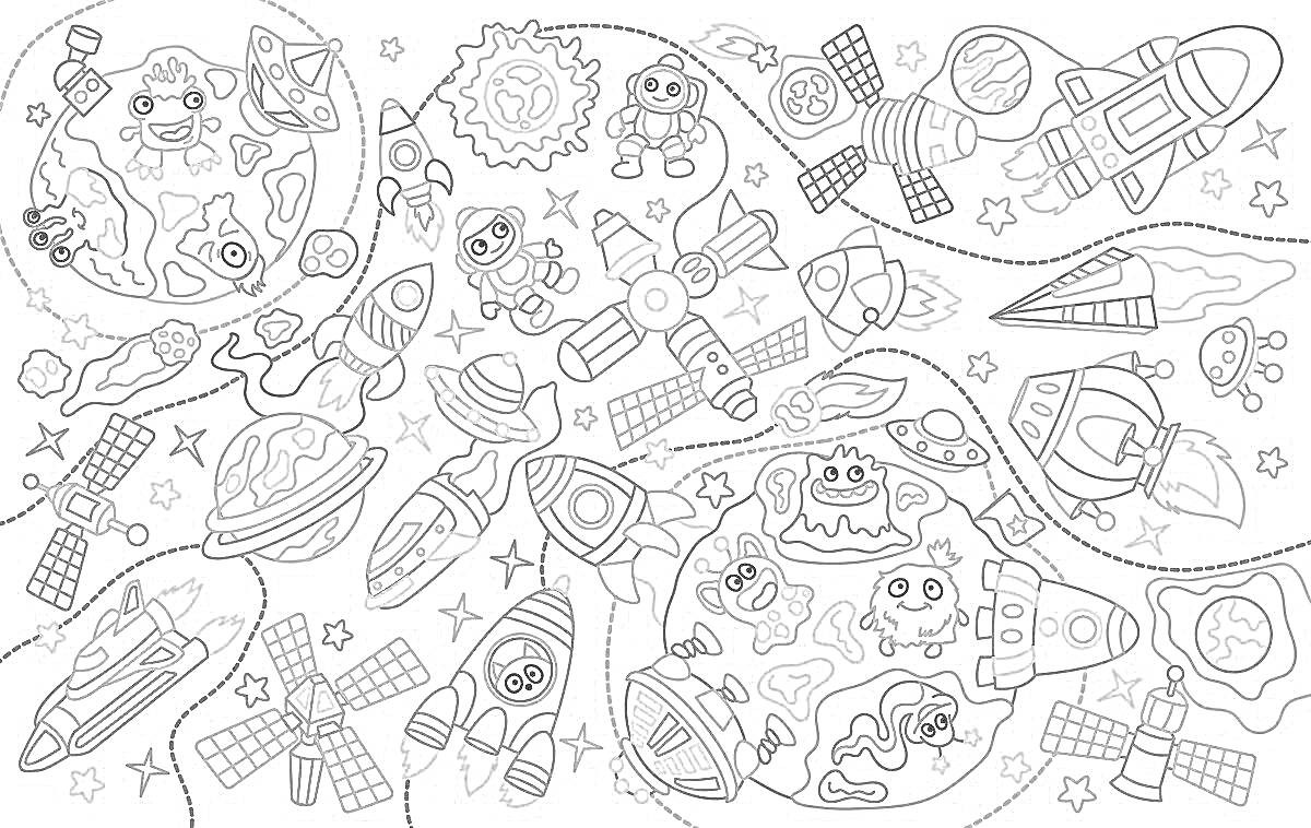 На раскраске изображено: Космос, Планеты, Спутники, Звезды, Инопланетяне, Солнце