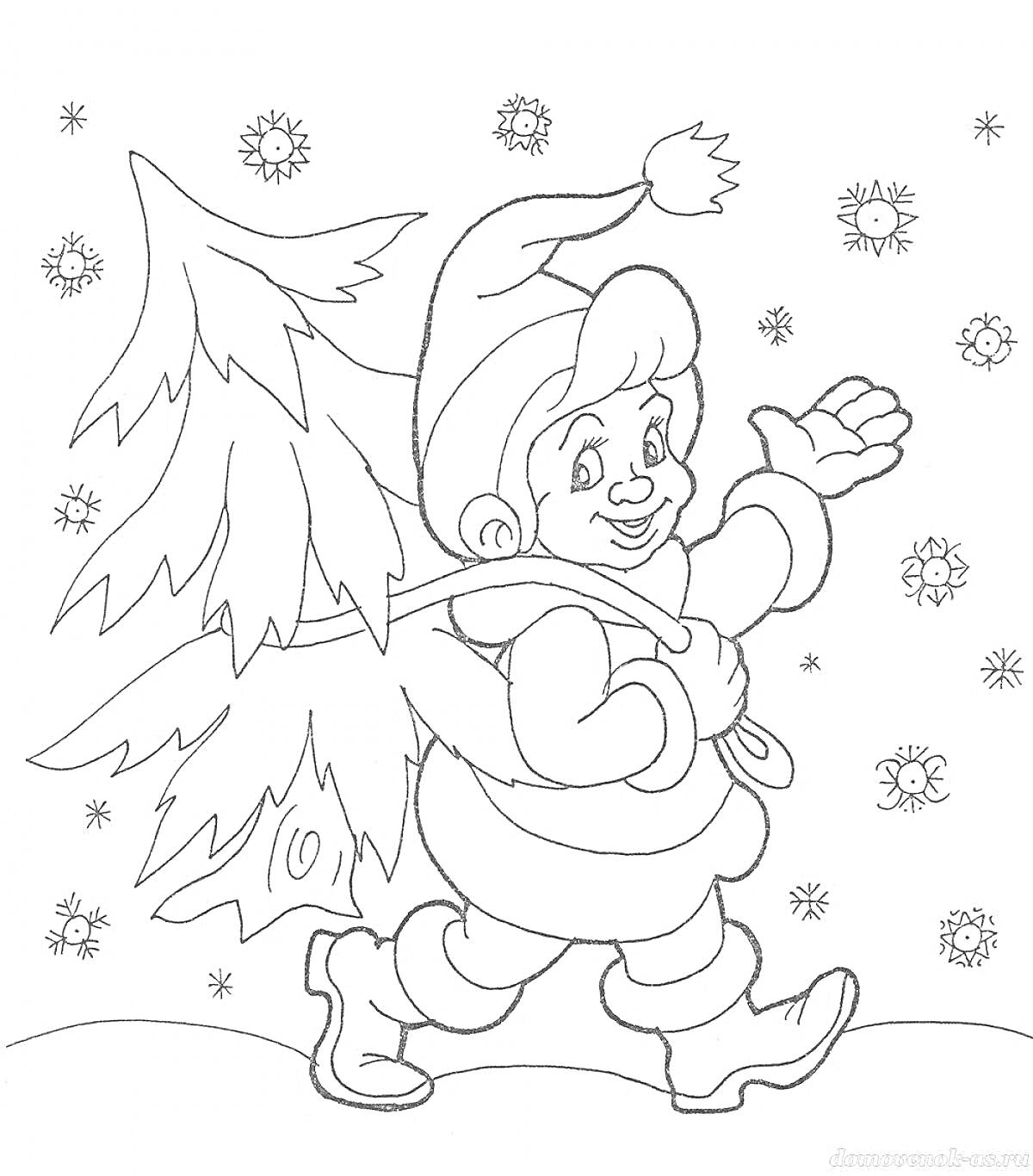 На раскраске изображено: Новый год, Зима, Снег, Мальчик, Зимняя одежда, Для детей