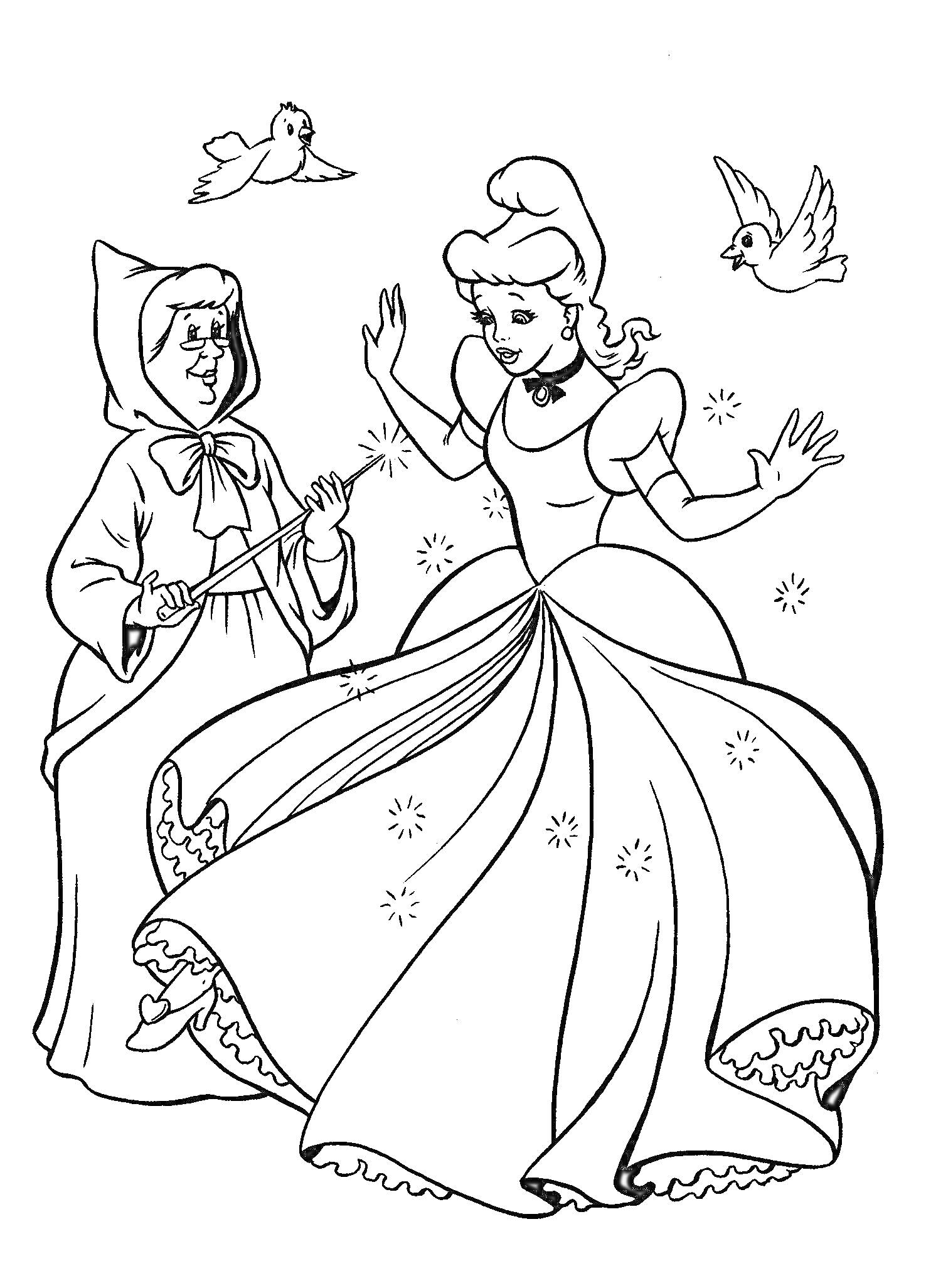 На раскраске изображено: Золушка, Принцесса, Платье, Магия, Из сказок, Для детей, Птица, Волшебные палочки