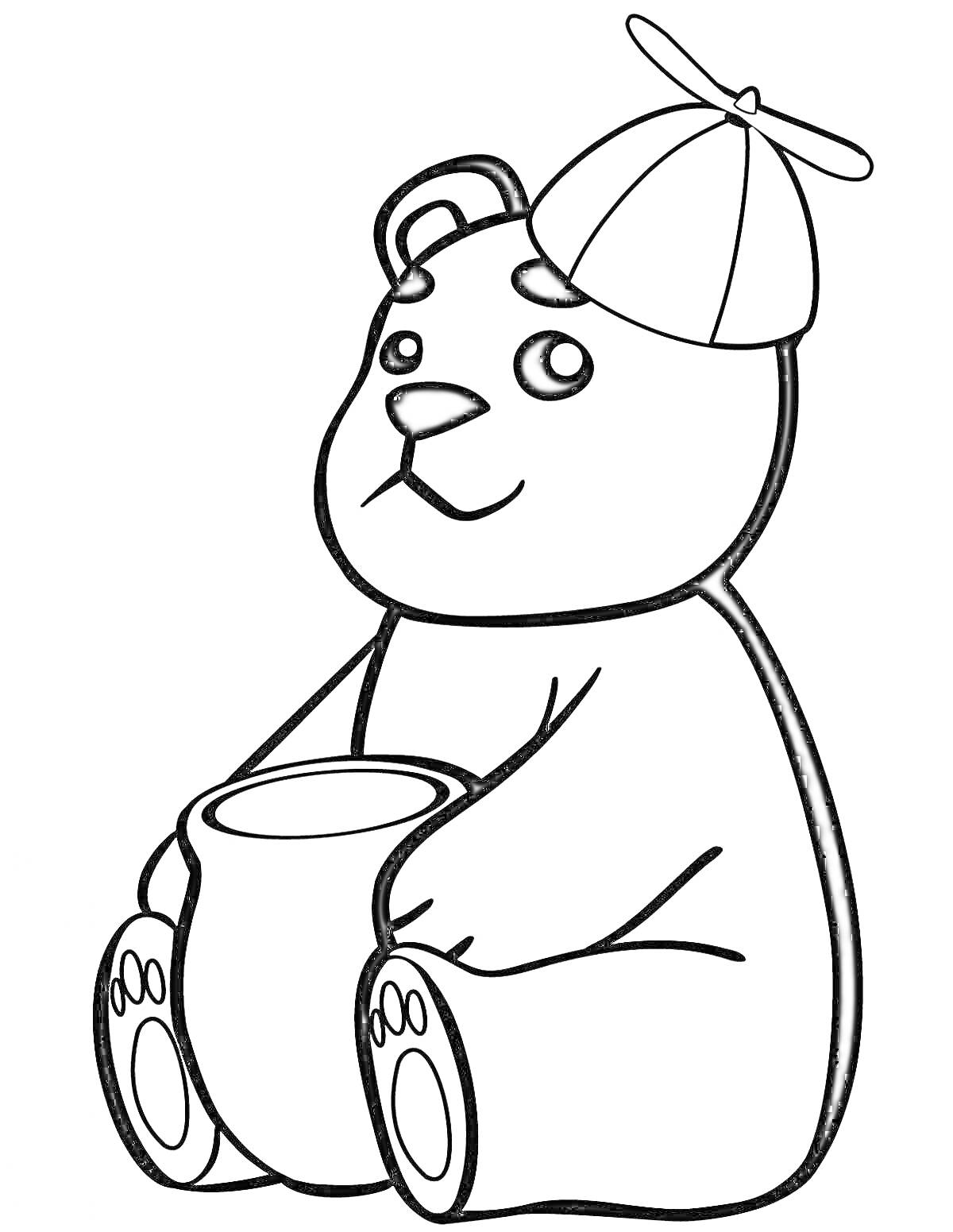 Раскраска Медведь с банкой меда в кепке с пропеллером