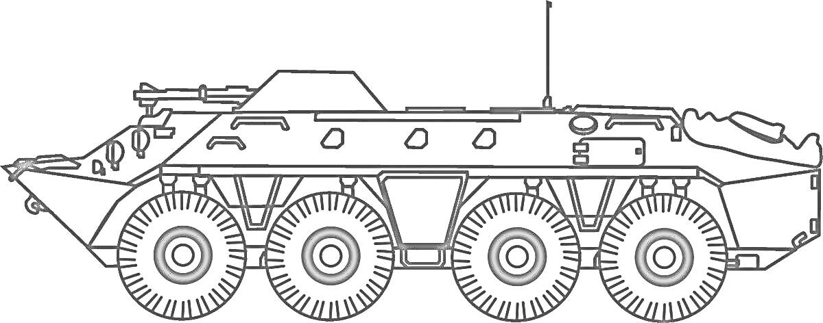 На раскраске изображено: Бронетранспортер, Военная техника, Колесный транспорт, Броня, Боевые машины