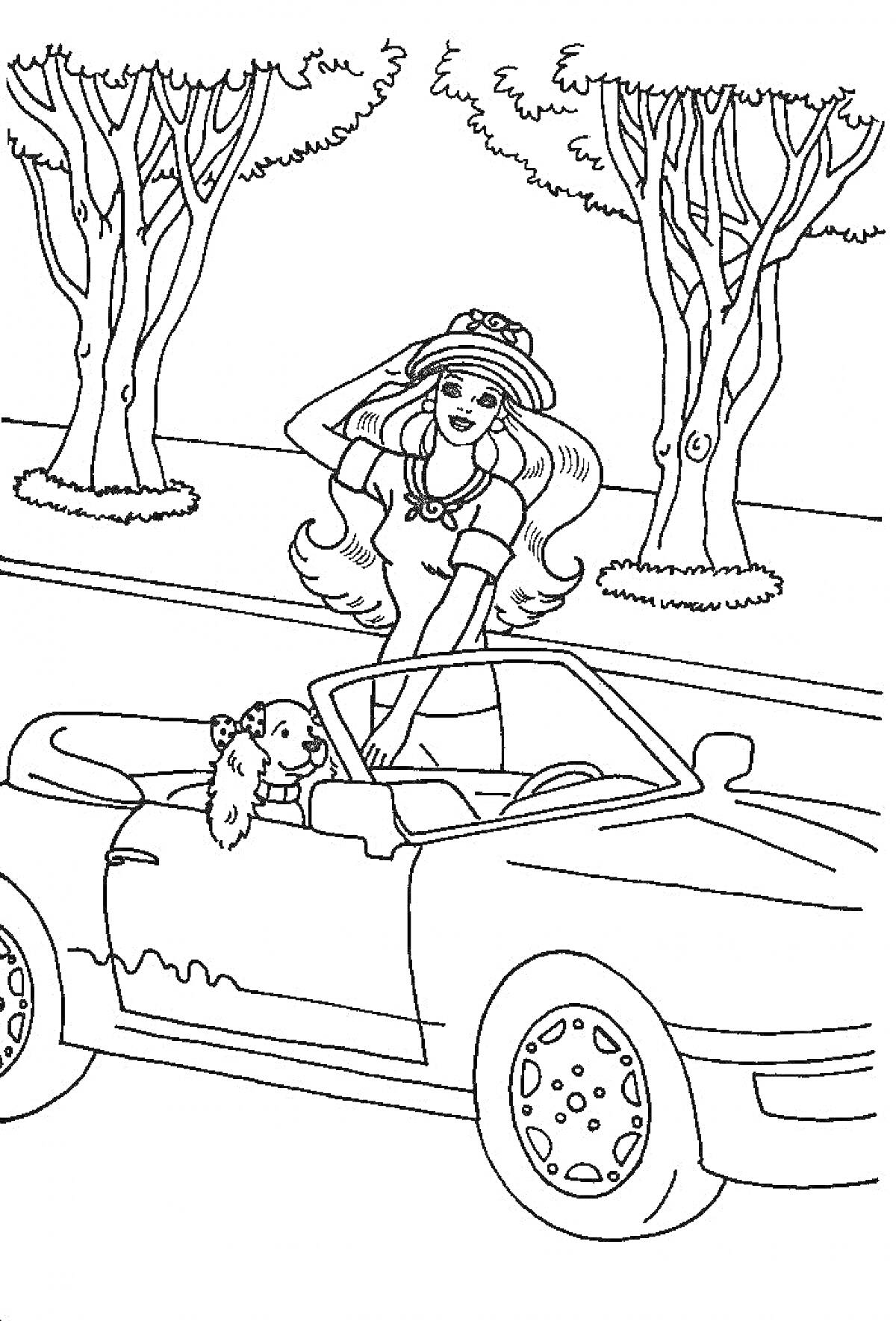 Раскраска Барби в шляпе за рулем машины с собакой на фоне деревьев