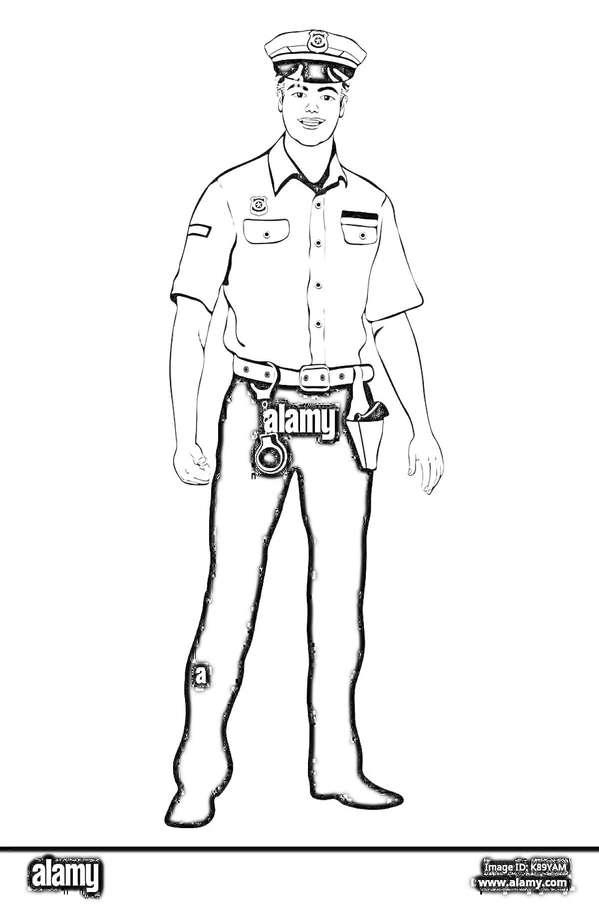Полицейский в форме с ремнем и наручниками
