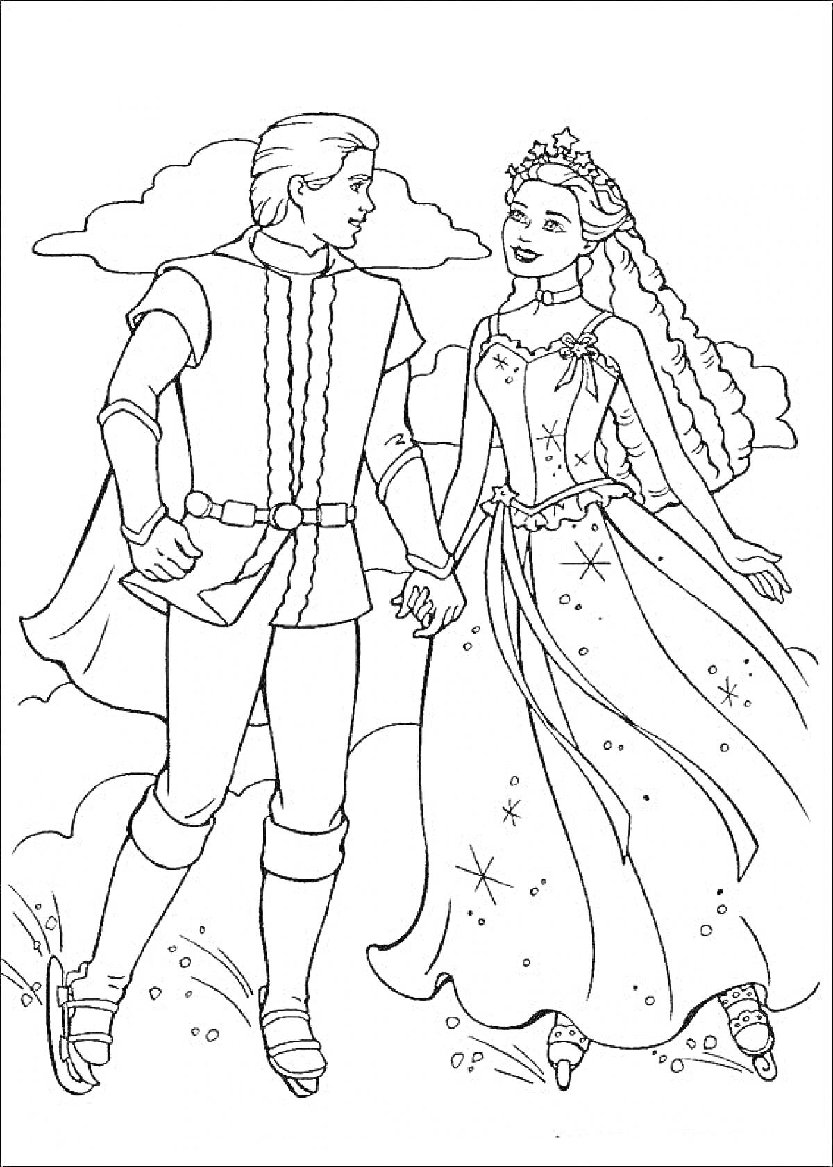 Раскраска Барби и Кен в нарядных костюмах на фоне облаков, держась за руки