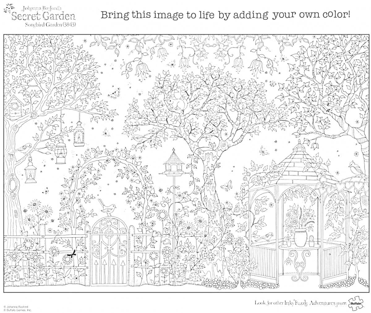 На раскраске изображено: Ворота, Деревья, Беседка, Цветы, Птица, Фонари