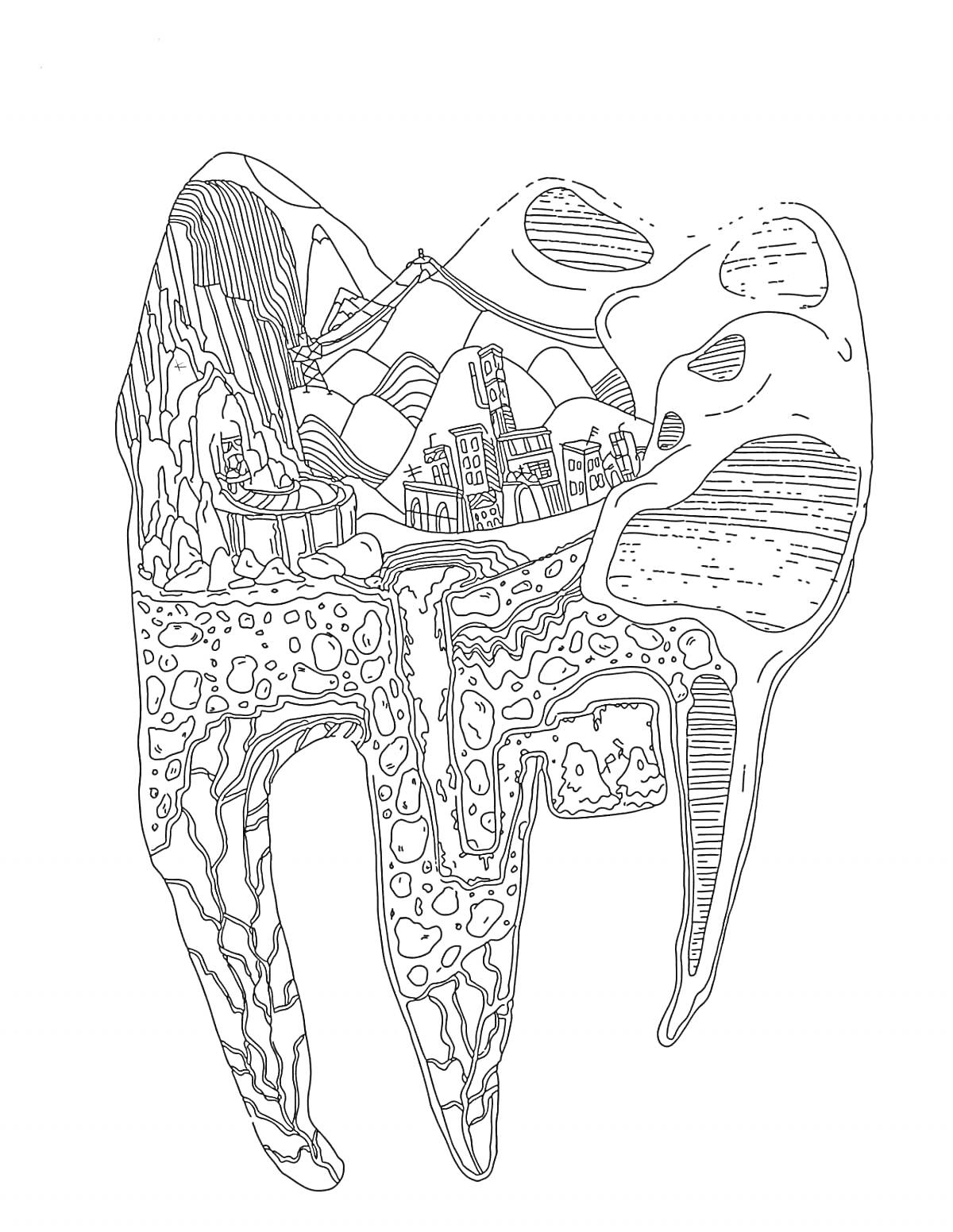 Зуб с горным пейзажем и архитектурными элементами