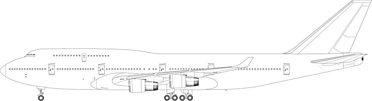 Раскраска Раскраска самолета Боинг 747 с крыльями, двигателями и хвостовым оперением