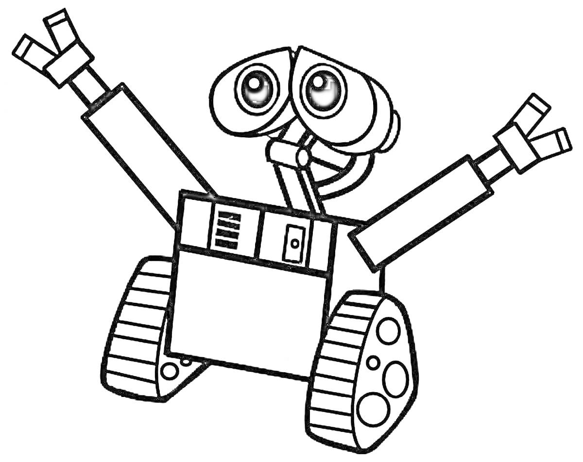 Раскраска робот ВАЛЛ-И с поднятыми руками и большими глазами