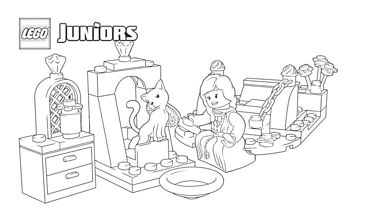 Раскраска LEGO Juniors – фабрика игрушек с кошкой, девочкой, сундуком, растением и мебелью