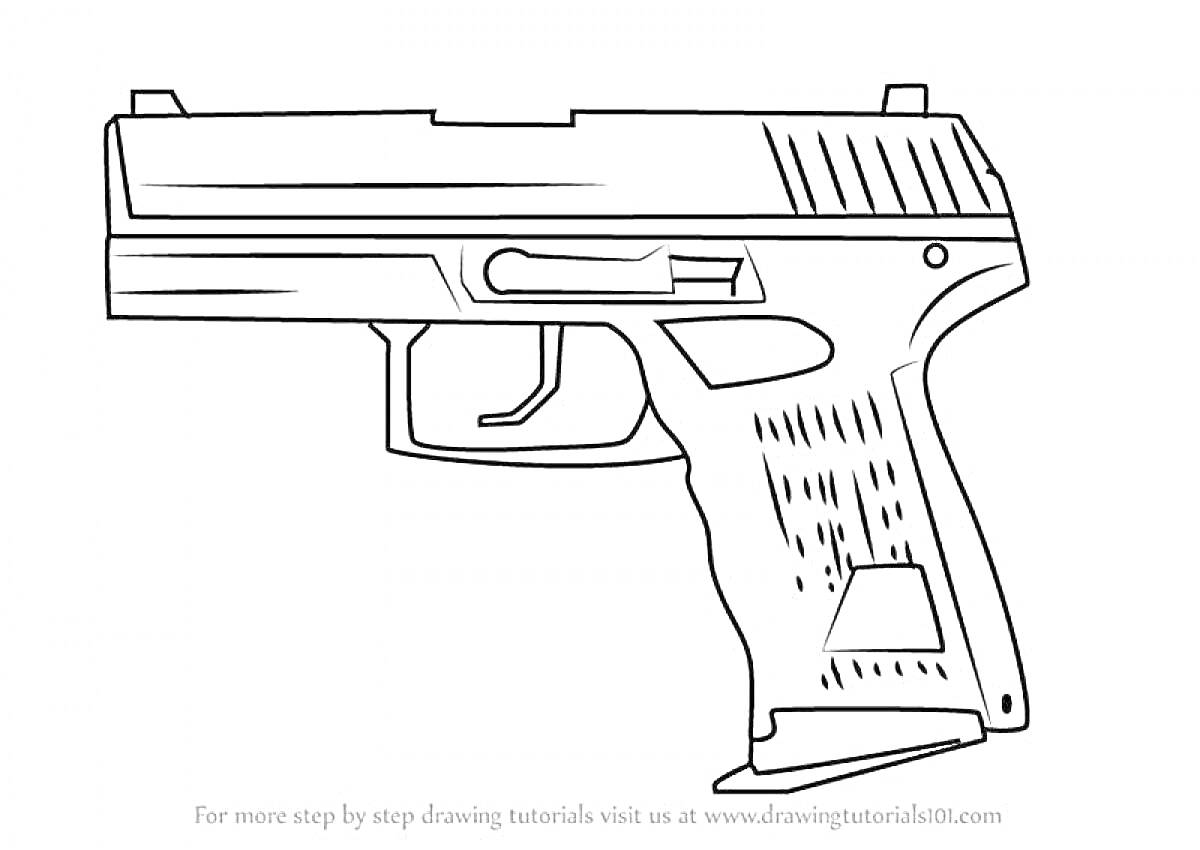 На раскраске изображено: Пистолет, Оружие, Спусковой крючок, Ручка, Контурные рисунки