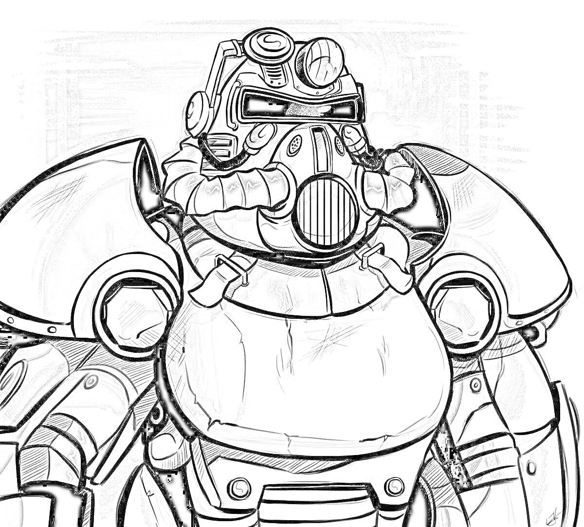 Раскраска Воин в силовой броне из Fallout 4 с крупной грудной пластиной, шлемом с маской и трубками, круглыми плечевыми накладками и деталями в виде шестеренок