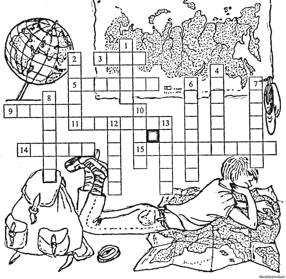 Раскраска Кроссворд на тему путешествий, с изображением глобуса, карты мира, рюкзака и лежащего человека