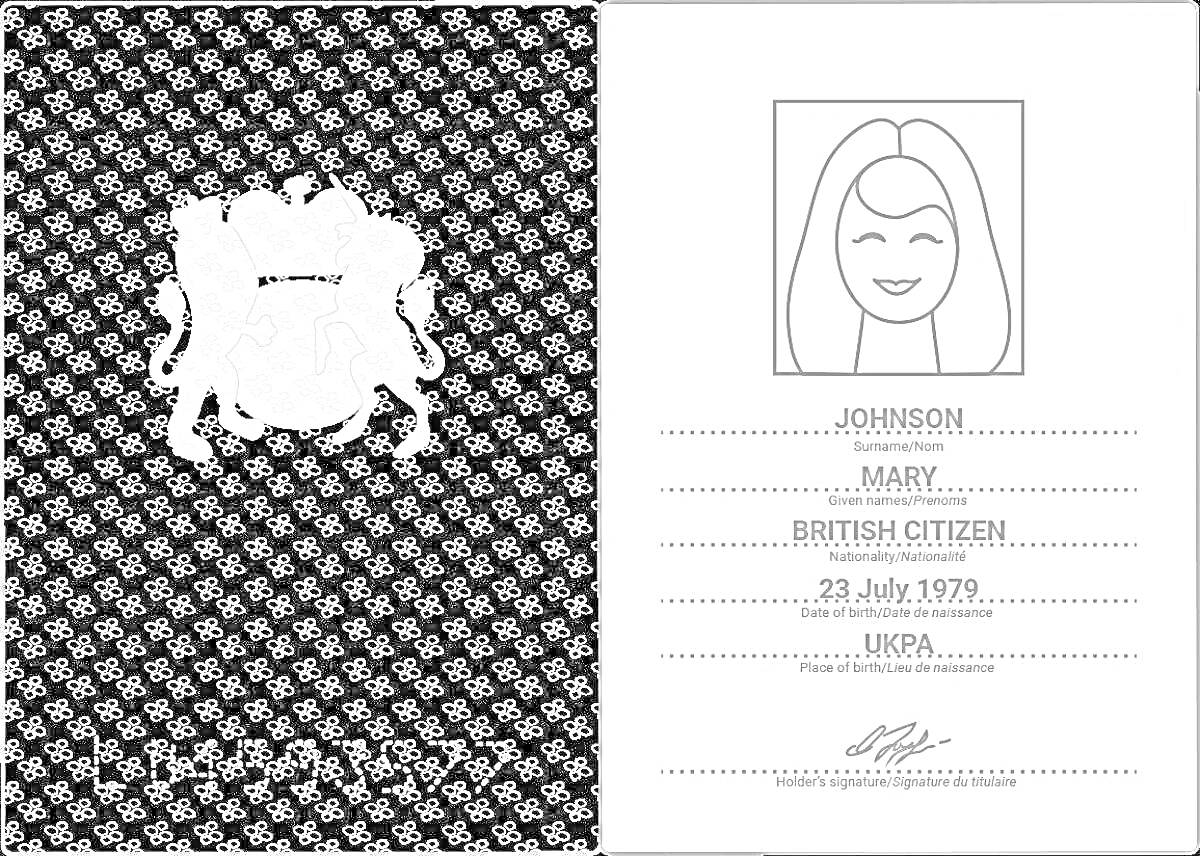 Паспорт с гербом, фото, фамилией, именем, гражданством, датой рождения и подписью