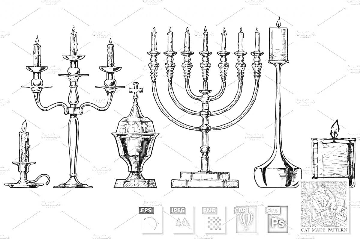 На раскраске изображено: Подсвечник, Канделябр, Крест, Менора