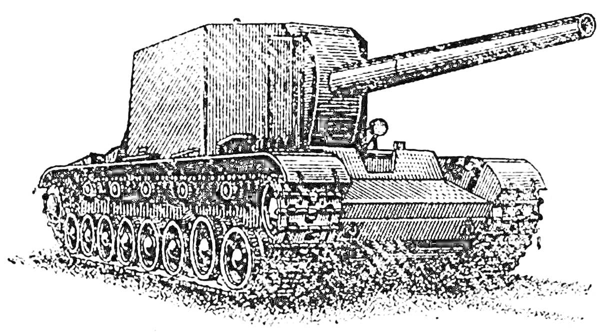 Раскраска Танковая раскраска с изображением тяжелого танка КВ-6, профиль, гусеницы, длинная пушка, бронированный корпус