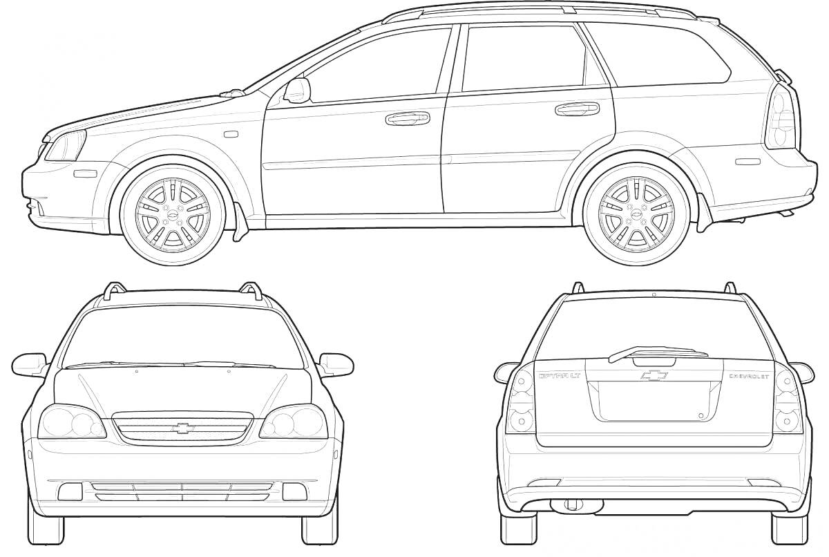 Раскраска Вид сбоку, спереди и сзади автомобиля Chevrolet Aveo