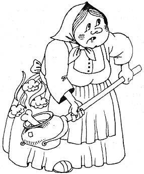 Бабушка с косынкой, передник в руке, котелок, косточка, цветы на фоне