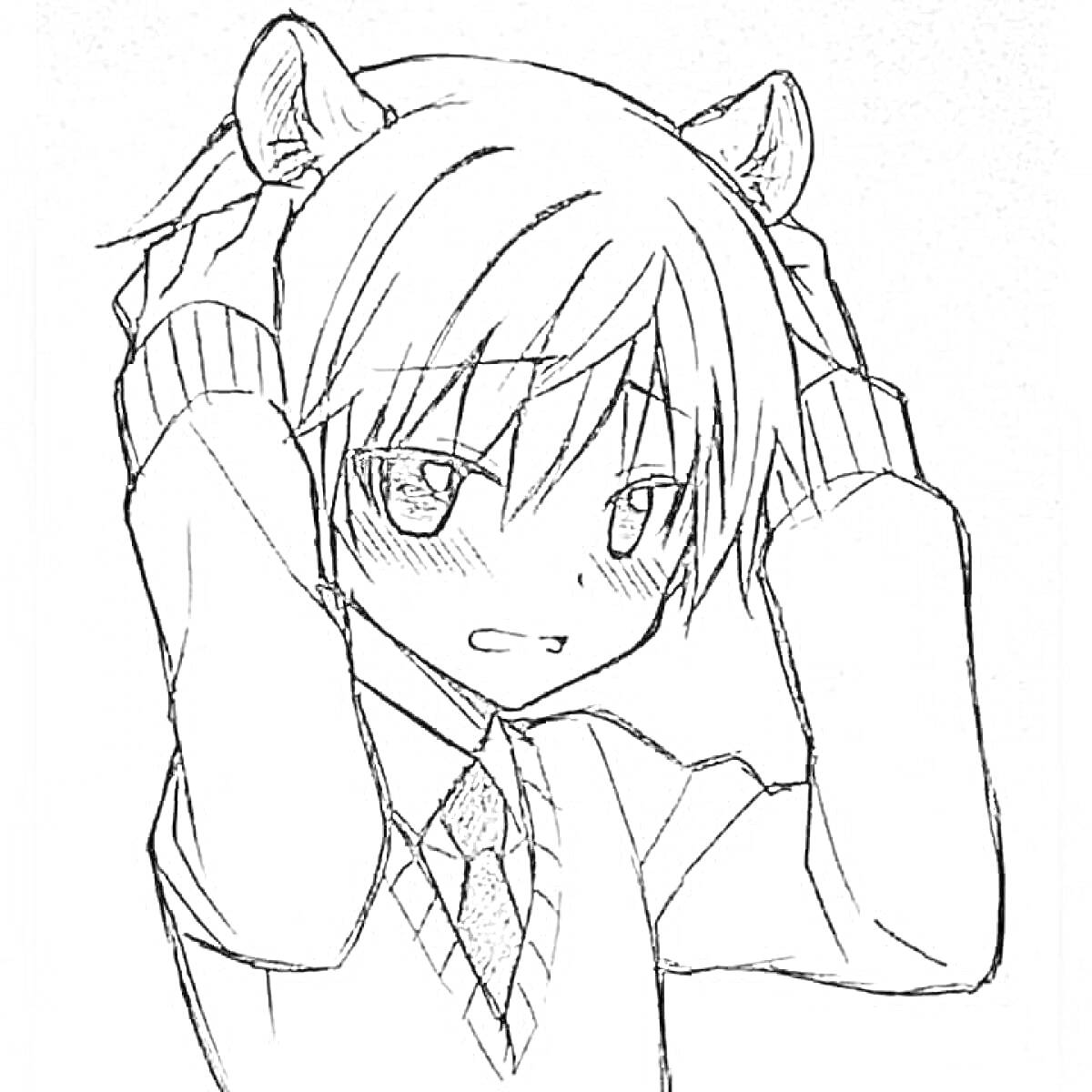Раскраска аниме мальчик с кошачьими ушками, рубашка с длинным рукавом, жилет, галстук