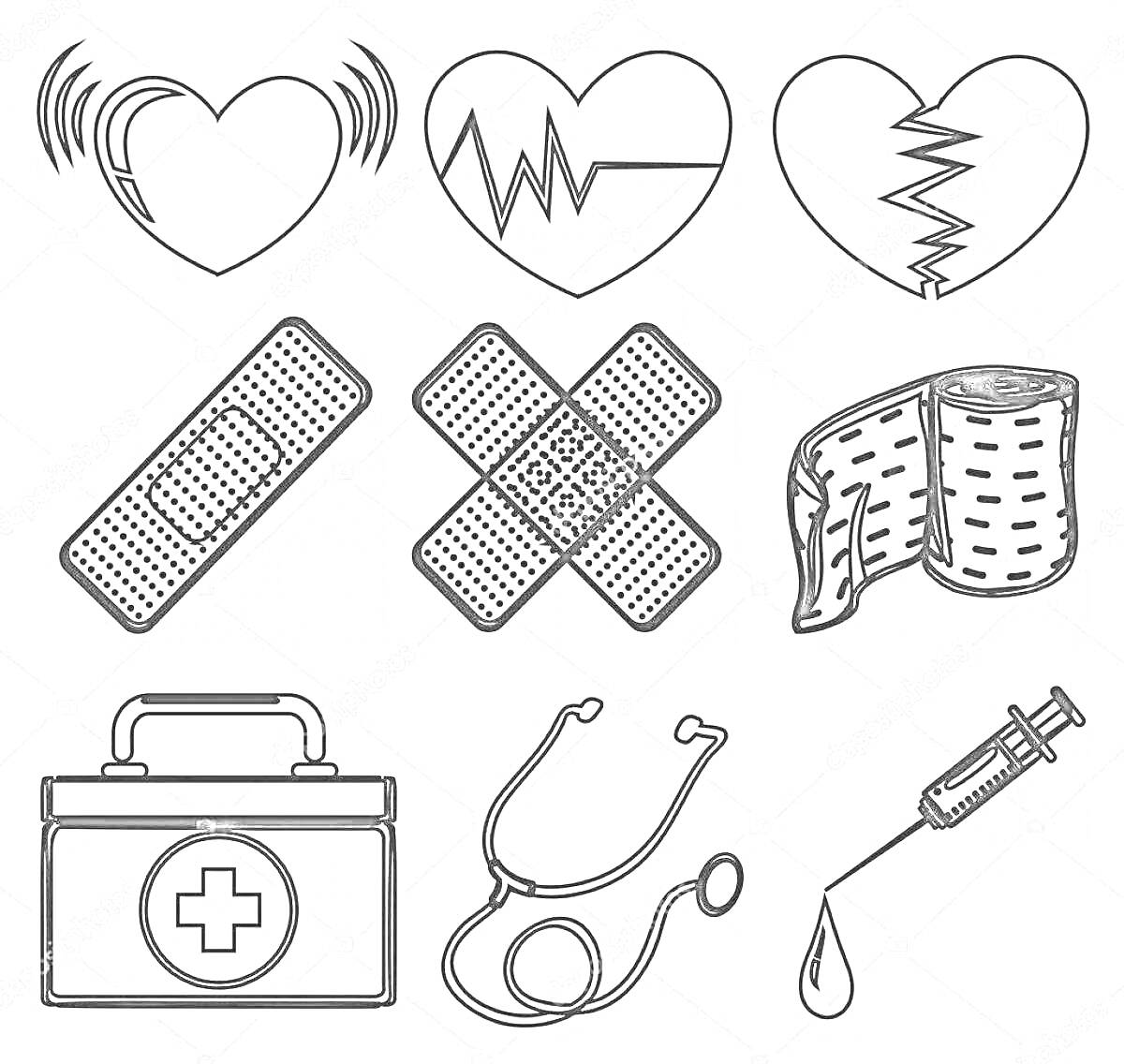 На раскраске изображено: Кардиограмма, Разбитое сердце, Пластырь, Аптечка, Стетоскоп, Шприц