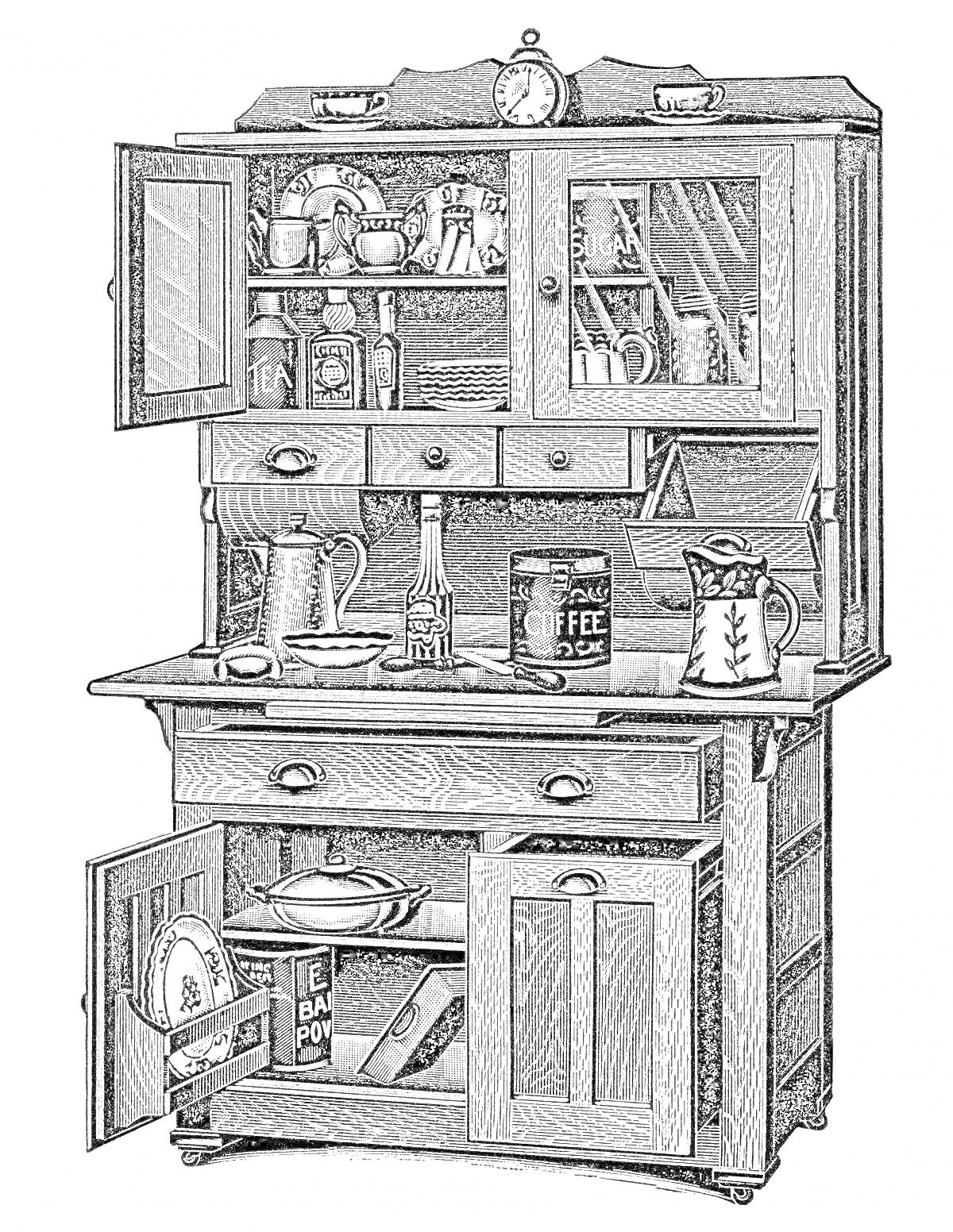 На раскраске изображено: Буфет, Посуда, Чай, Кофе, Шкаф, Кухонная мебель