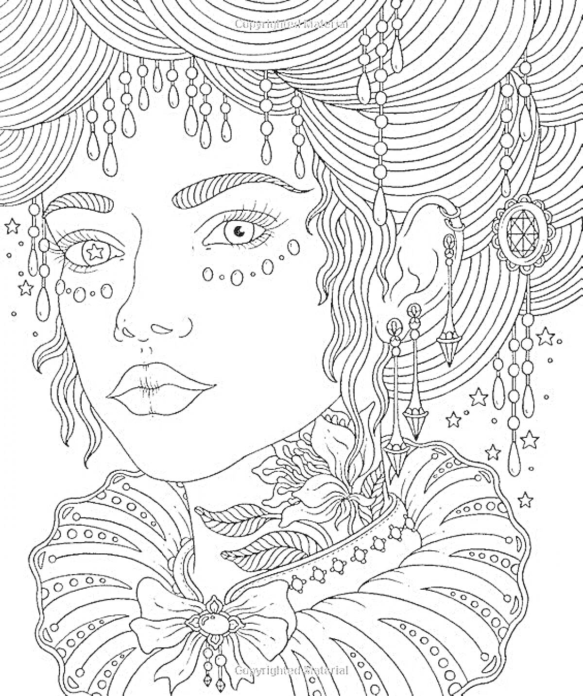 Раскраска Женский портрет с сережкой, серьга в виде звезды, ожерелье, цветок на шее, украшения на волосах.