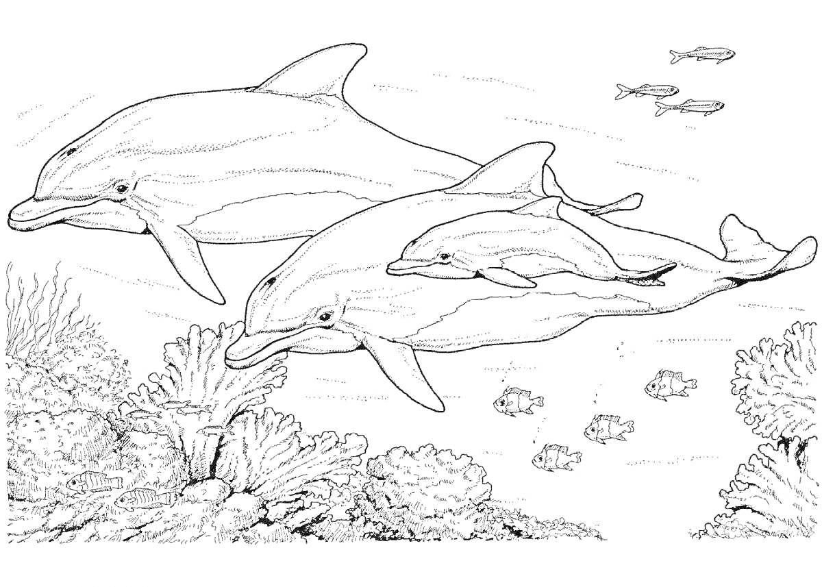 На раскраске изображено: Дельфины, Подводный мир, Морская жизнь, Подводные растения, Рыба, Океаны