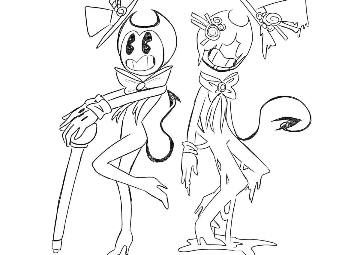 Раскраска Два персонажа из Bendy с шляпами и бантами, один с тростью, второй с подтеками