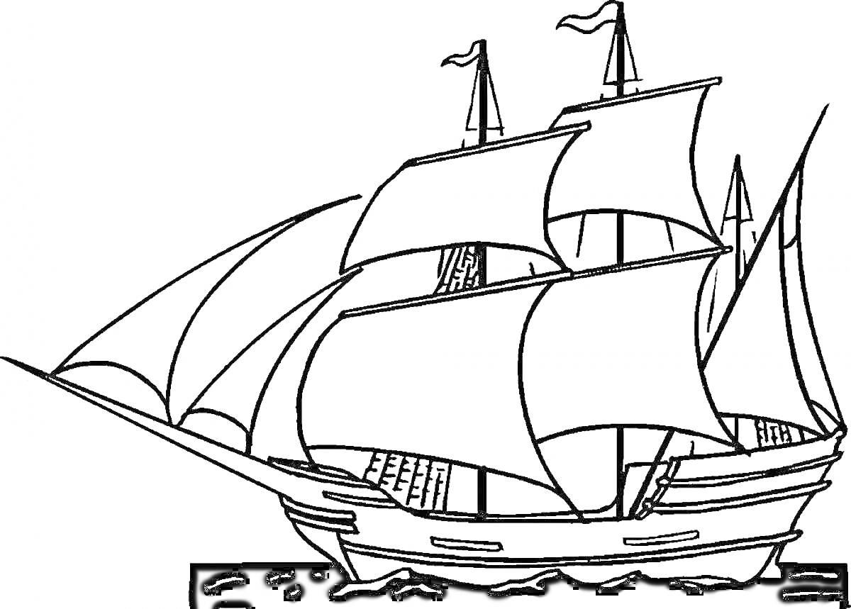 Раскраска Парусник с тремя мачтами, парусами и флагами, на волнах