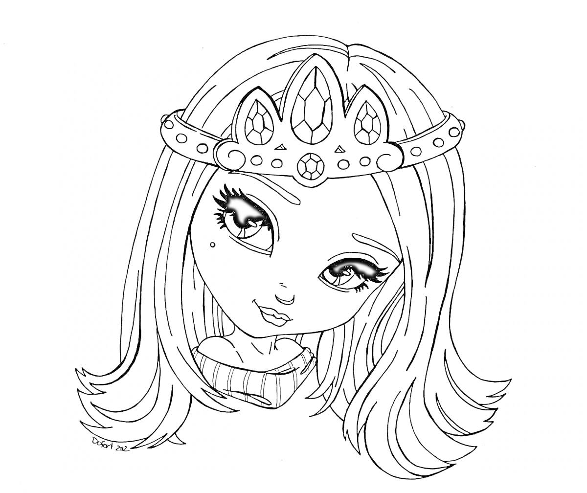Раскраска Лицо девушки с длинными волосами, в короне с драгоценными камнями