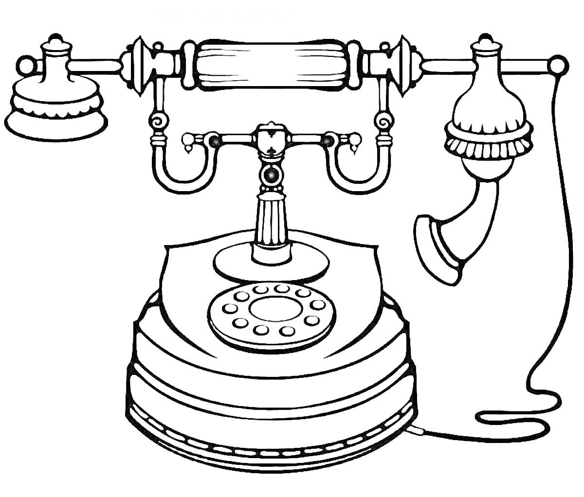 Раскраска Винтажный телефон - корпус, трубка, дисковый номеронабиратель, провод
