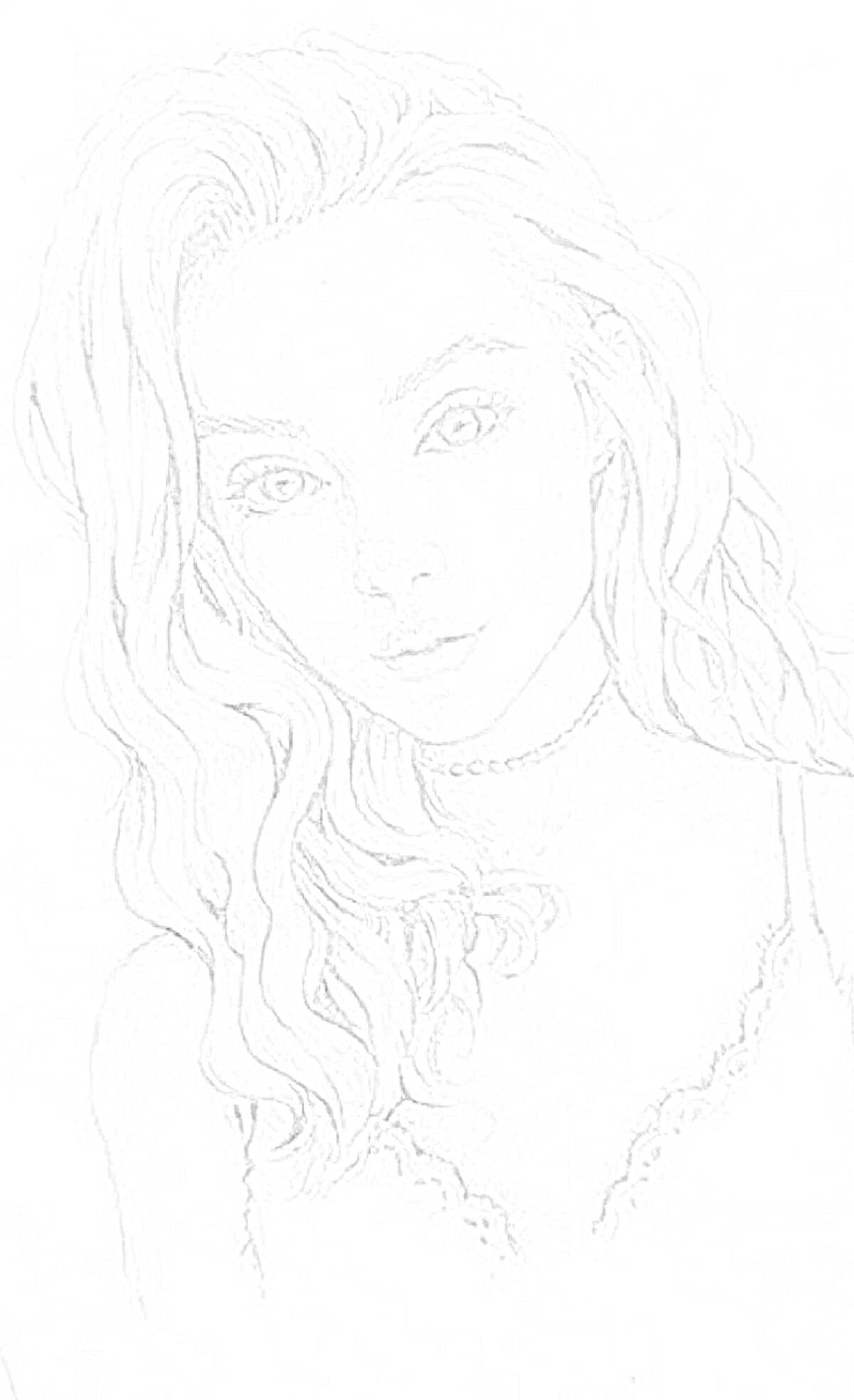 Раскраска Портрет девушки с длинными волнистыми волосами и ожерельем, в бюстье с кружевами