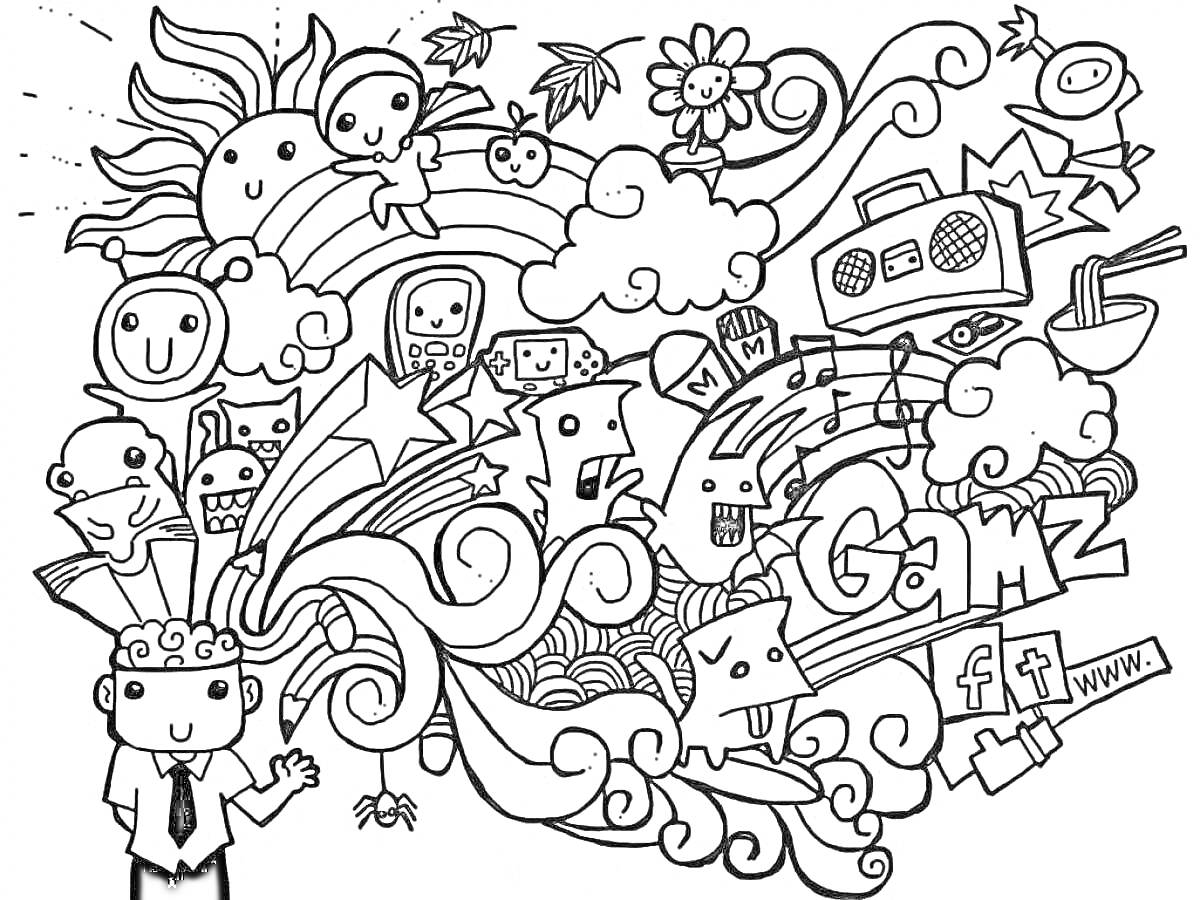 Раскраска Визуальное сумасшествие: радуга, солнце, листья, цветы, облака, буумбокс, монстры, звездочки, волны, Игра, человек с галстуком, знак на Facebook, муха, лапша, ноты