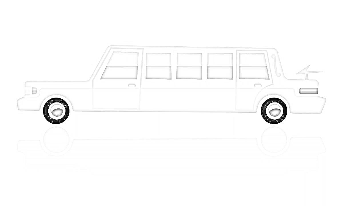 На раскраске изображено: Лимузин, Для детей, Транспорт, Колёса, Окна, Зеркало заднего вида