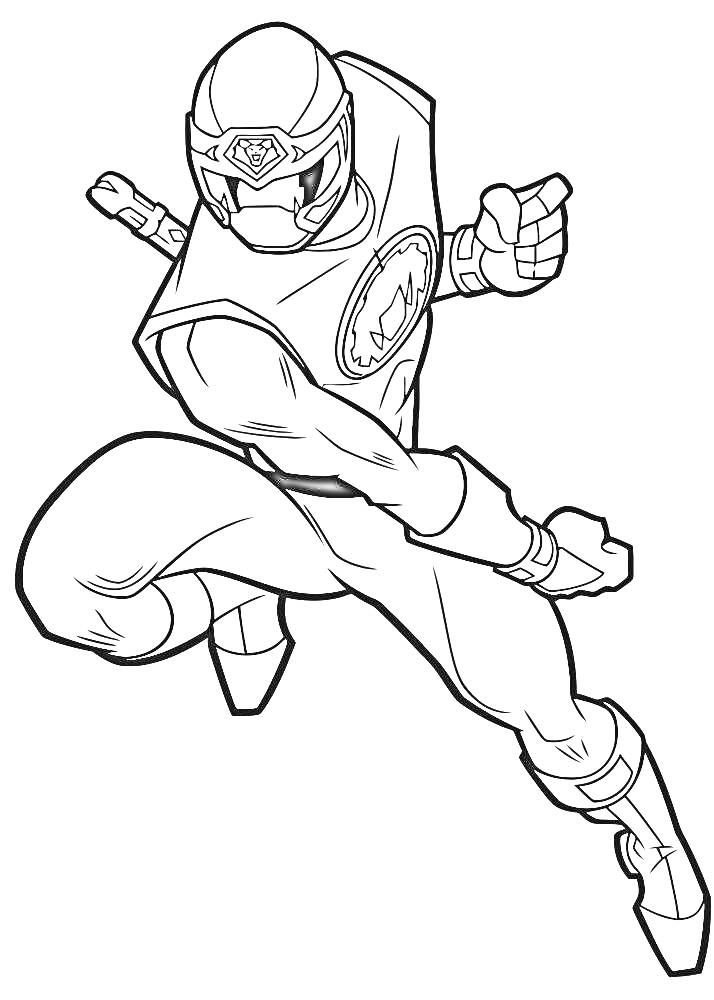 Раскраска Самурайский рейнджер в боевой стойке с поднятым кулаком и согнутыми ногами