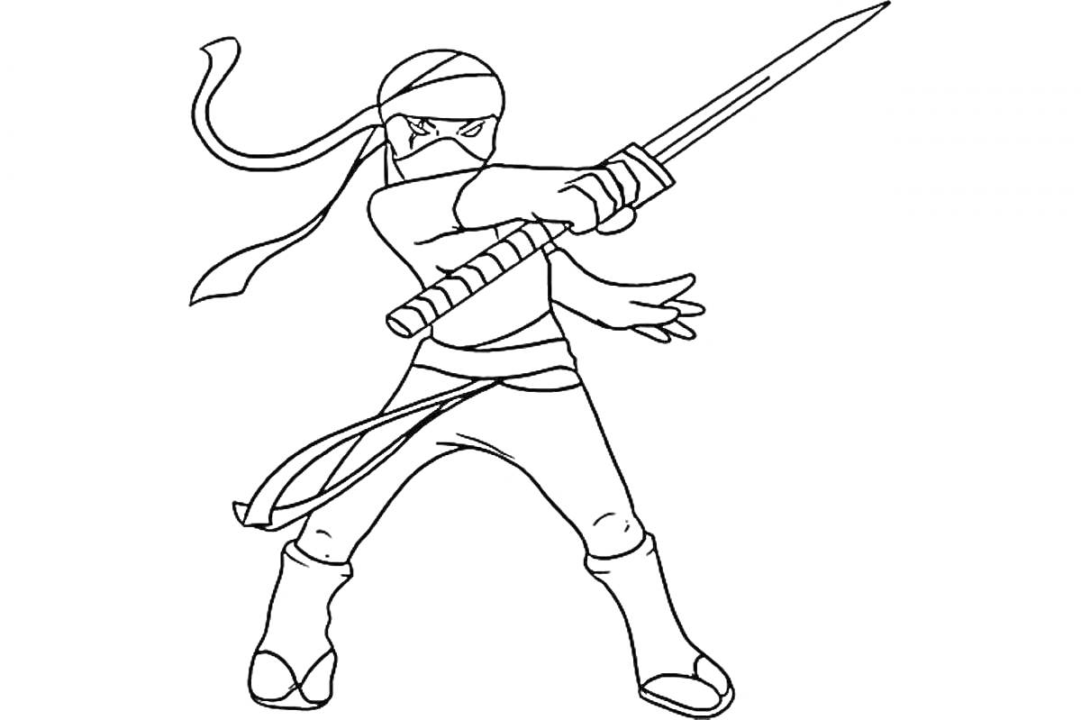 Раскраска Ниндзя с мечом, повязкой на голове и развевающимся шарфом на поясе