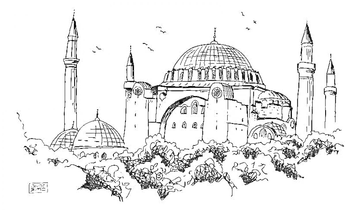 На раскраске изображено: Турция, Архитектура, Минареты, Достопримечательности, Путешествия