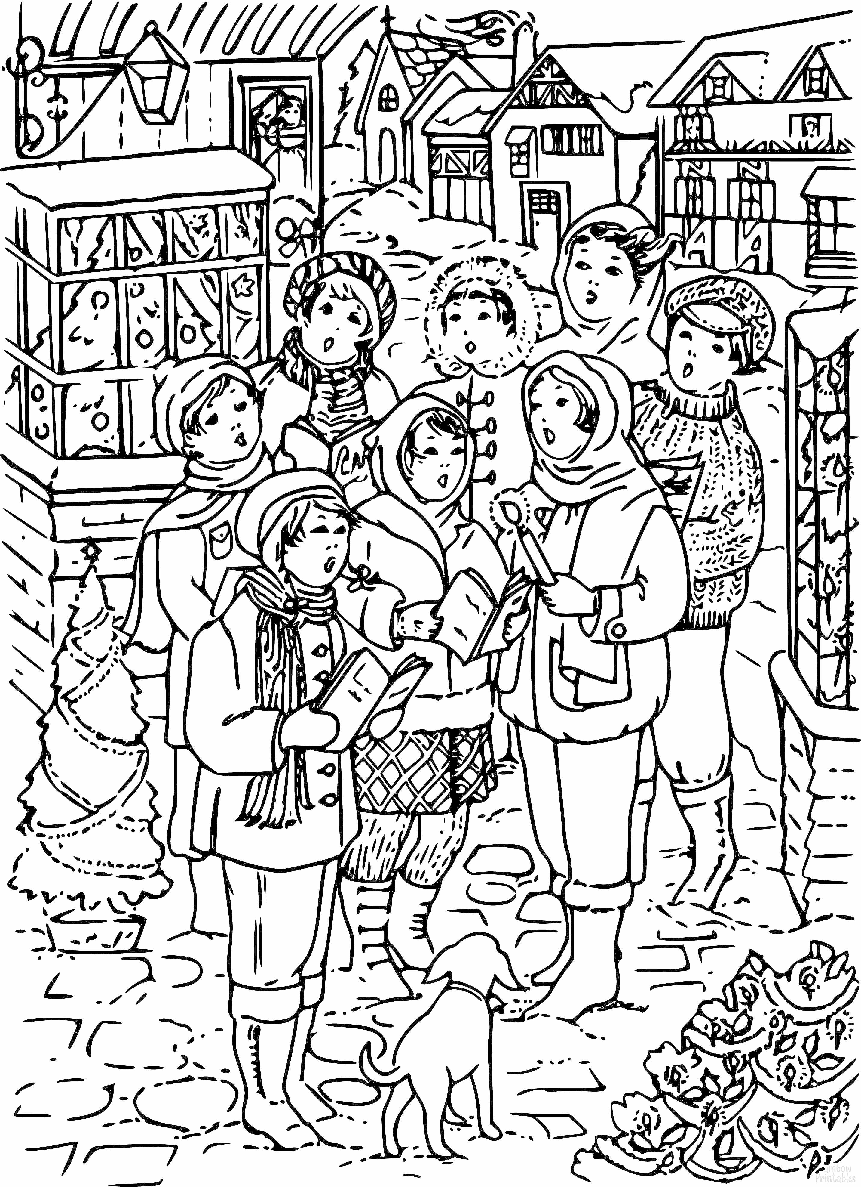 На раскраске изображено: Святки, Колядки, Снег, Рождественская елка, Зима, Деревня, Собака