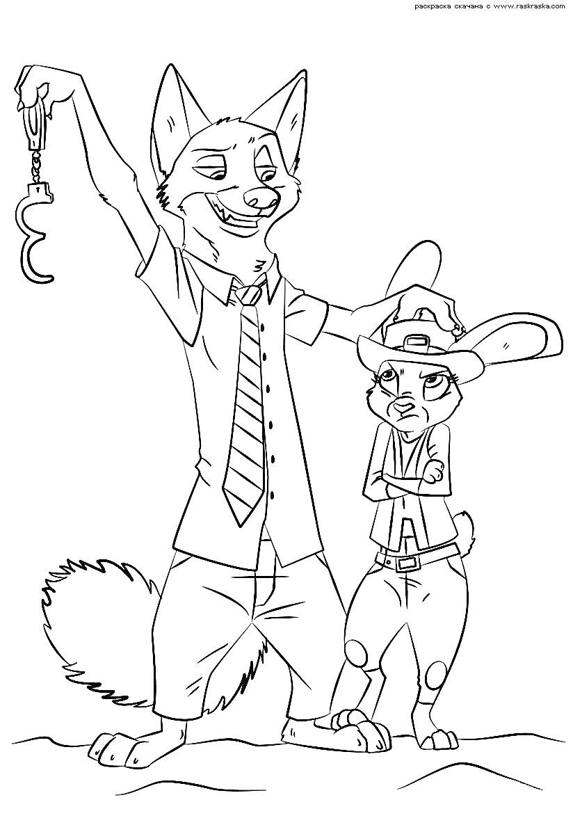Лис в галстуке с наручниками, кролик с полицейской шляпой и униформой