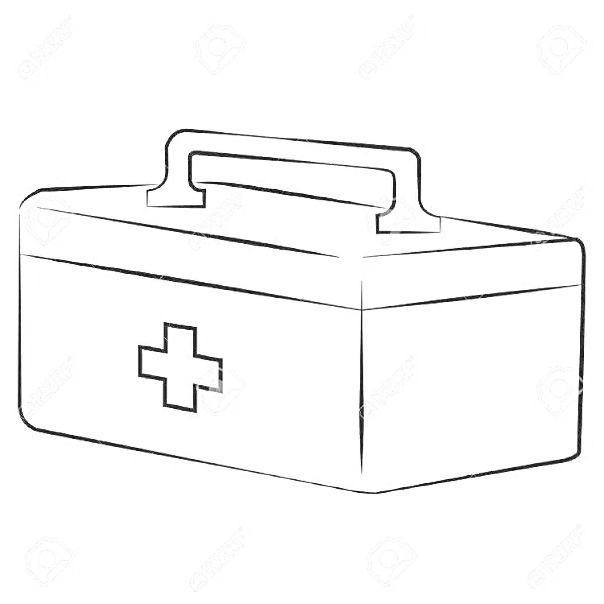 На раскраске изображено: Аптечка, Медицина, Коробка, Ручка, Крест