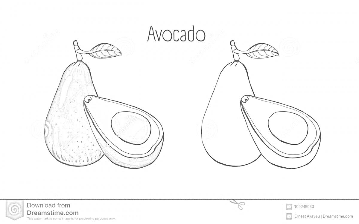 Раскраска Авокадо с листиком (целый и половинка)